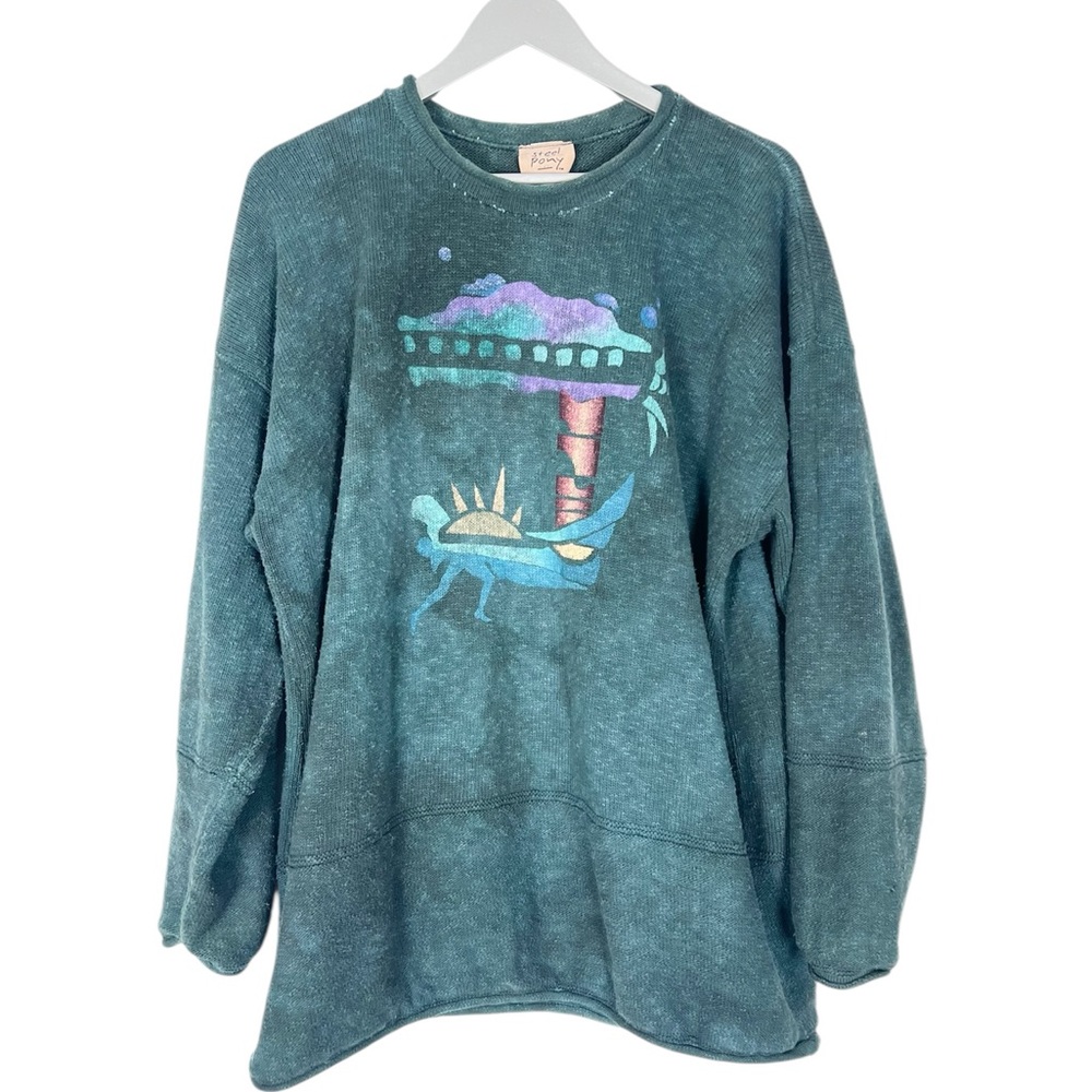 Steel Pony Sweater Vintage 80s handpainted Art to Wear‎ One Size teal L/XL